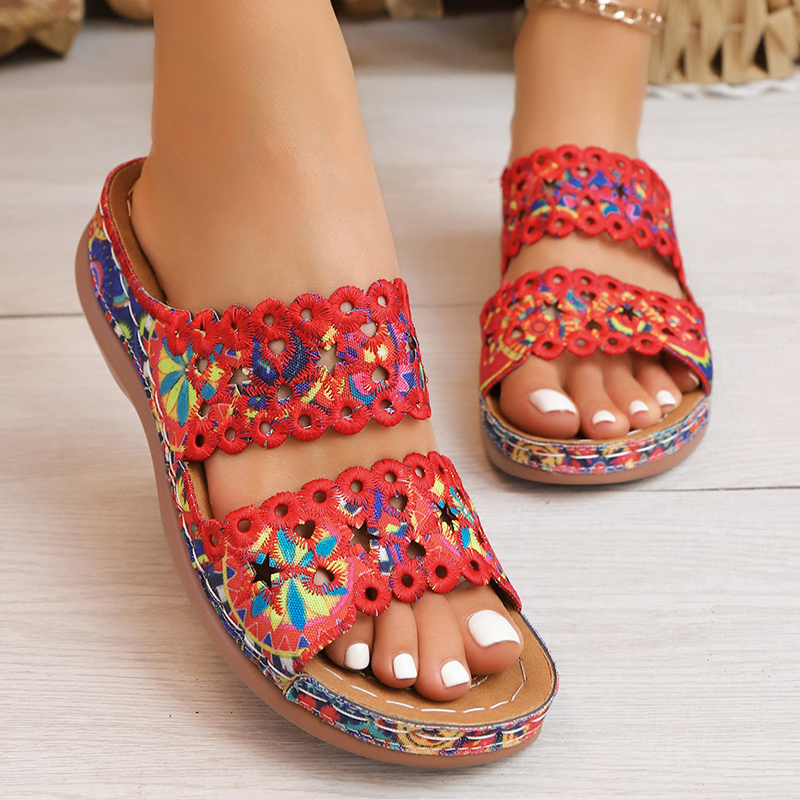 Embroidery Flower - Colorful Flower Embroidery Wedge Sandals Women