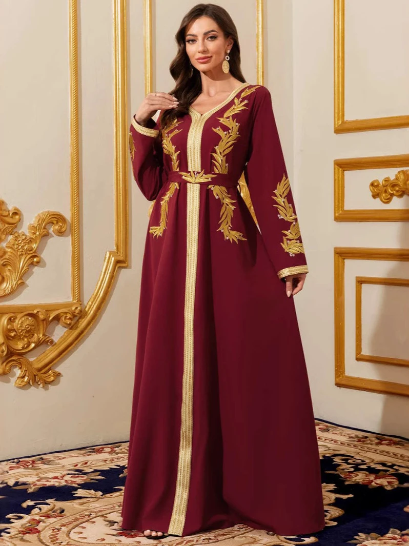 Embroidery Arabic - Muslim Women Dress V Neck Ramadan