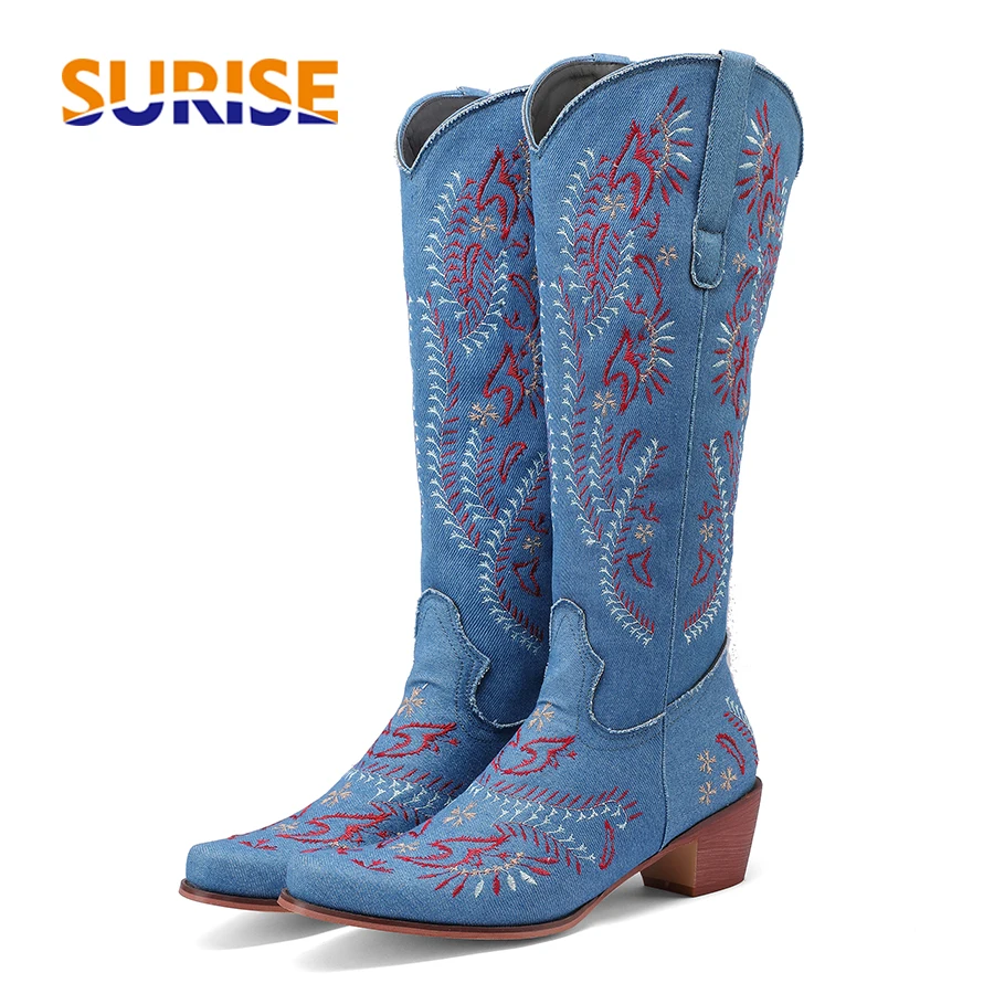 Blue Denim Western Cowgirl Kne - đánh giá và giá Embroidery Flower
