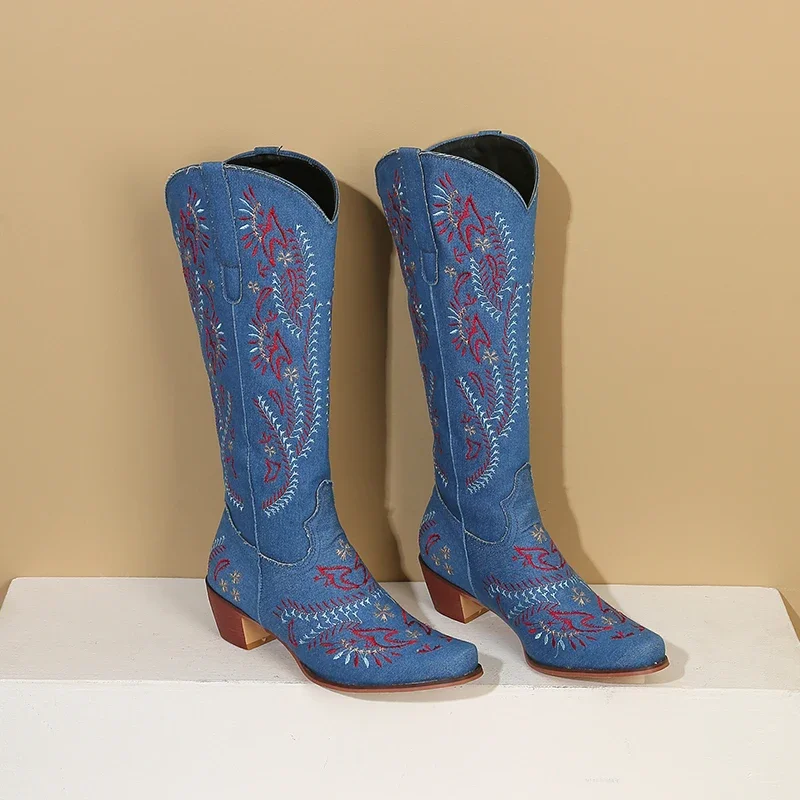 Blue Denim Western Cowgirl Kne - đánh giá và giá Embroidery Flower